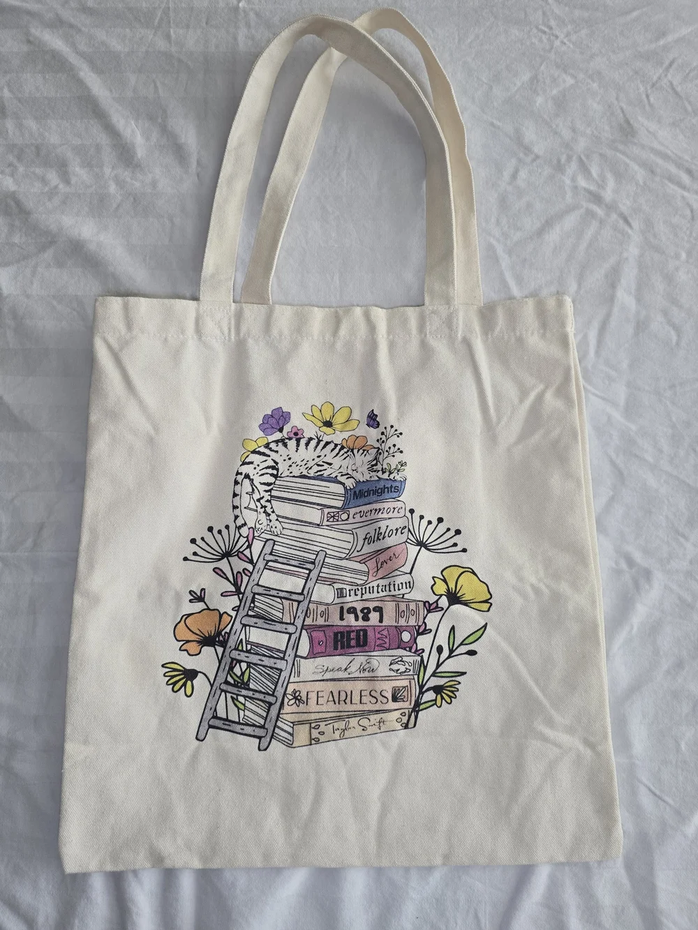 Cream Canvas Taylor Swift Inspired Tote w Pastel Floral & Book Illustration